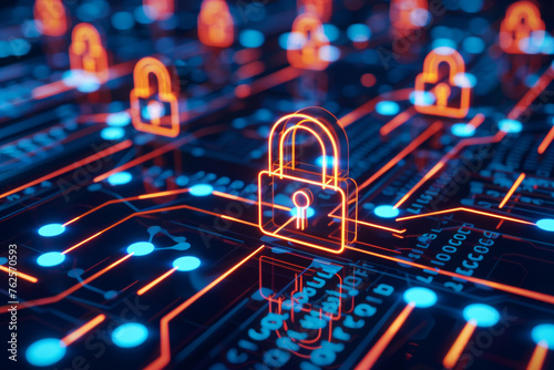 concept de cybersécurité, symbole de cadenas représentant la protection des données numérique sur fond carte électronique de type circuit imprimé illuminé photo