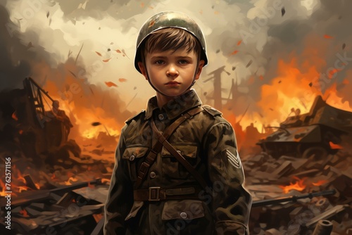 Soldier military kid in war destroyed territory. Little boy in the middle of devastated city buildings. Generate ai