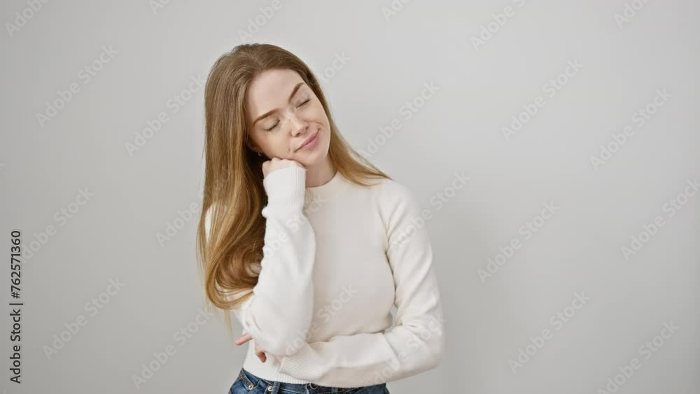 Young blonde woman wearing sweater standing serious face thinking about question with hand on chin, thoughtful about confusing idea over isolated white background Young blonde woman wearing sweater standing serious face thinking about question with hand on chin, thoughtful about confusing idea over isolated white background
