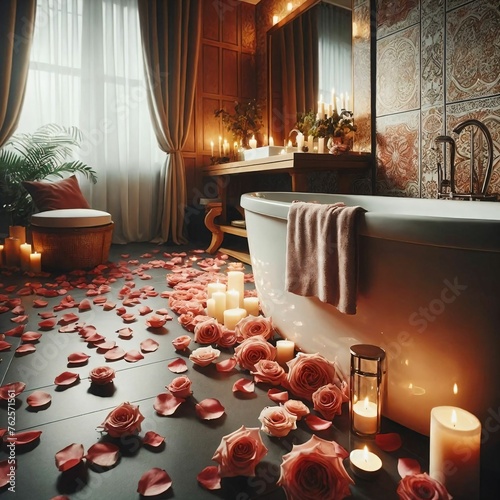 Luxurious Retreat Close-Up of Romantic Bath with Rose Petals & Candles