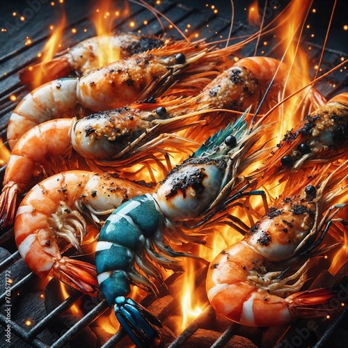 Close-Up of Grilled Prawns on Hot Coals fire