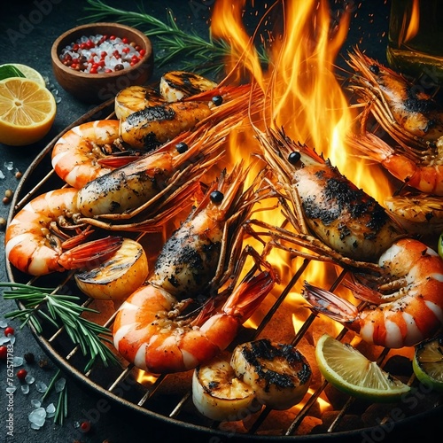 Close-Up of Grilled Prawns on Hot Coals fire