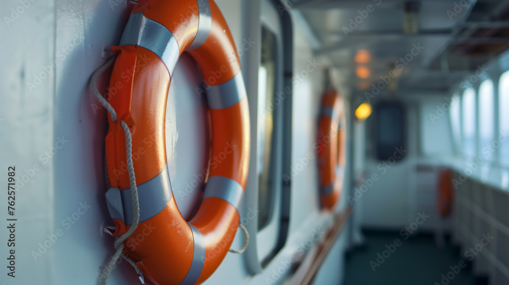 Life bouy installed on passenger boat , safety equiment for boat and ship concept . - obrazy, fototapety, plakaty 