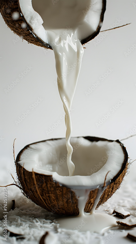 Fresh Coconut Milk Splashing from Half Coconut on Gray Backdrop Fresh Coconut Milk Splashing from Half Coconut on Gray Backdrop