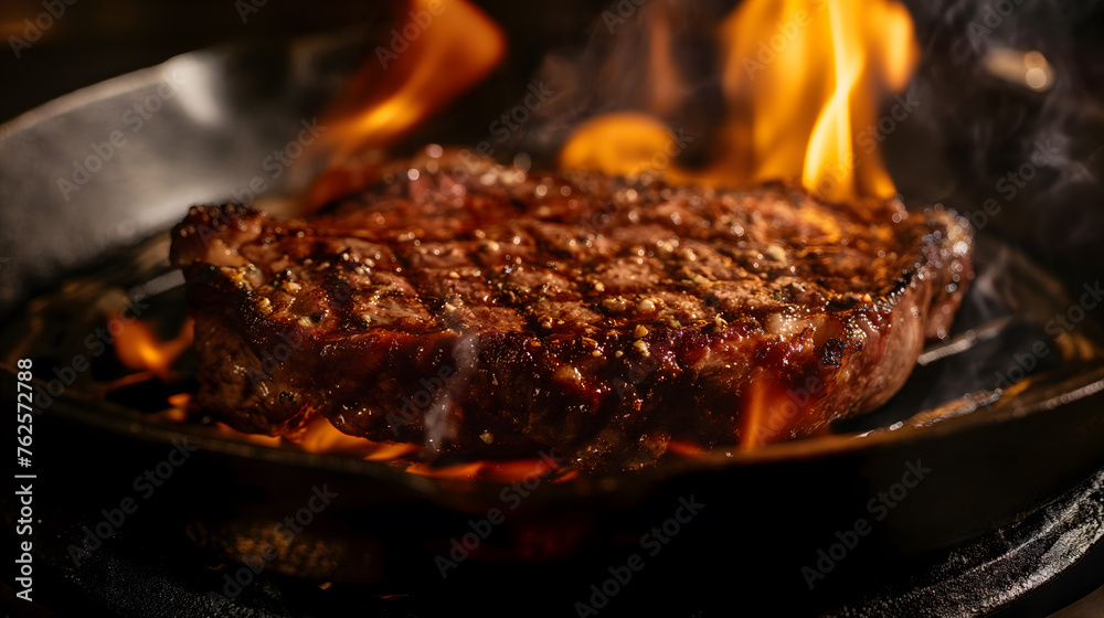 Juicy Steak Sizzling on a Flaming Griddle in a Restaurant Kitchen Juicy Steak Sizzling on a Flaming Griddle in a Restaurant Kitchen