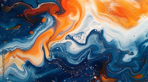 Vivid Acrylic Fluid Art with Interwoven Blue and Orange, Resembling a Celestial Dance