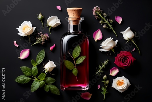 tincture of herbs and flowers in a bottle on a black background