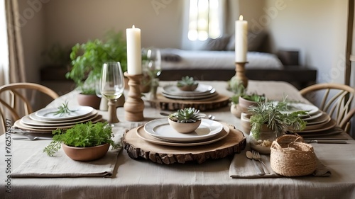 Start with a rustic wooden table or a tablecloth in earthy tones to set the foundation. Place a woven or linen placemat at each setting to add texture and warmth.
