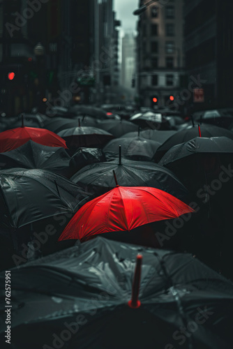 A single red umbrella in a crowd of black umbrellas. Dark rainy day  dramatic sky  on a crowded city street