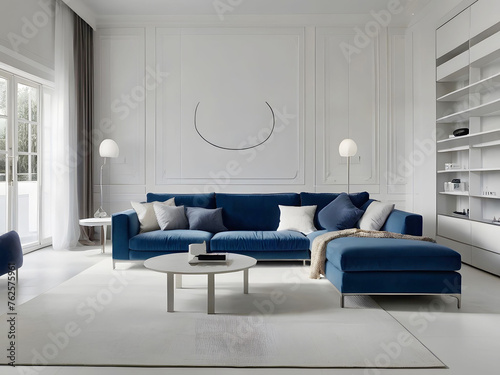 White minimal living room, everything in the room is white, white walls, flushed white doors, white ceiling, highlighting the scene with blue minimal sofa, white interior lighting, ai generated photo