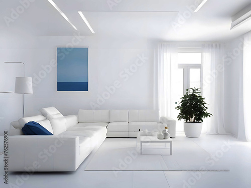 White minimal living room  everything in the room is white  white walls  flushed white doors  white ceiling  highlighting the scene with blue minimal sofa  white interior lighting  ai generated