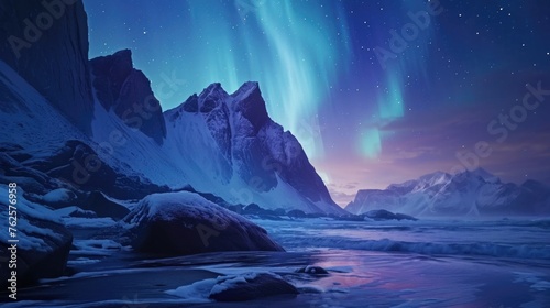 Beautiful night sky with mountain range in background. Sky is filled with auroras and mountains are covered in snow. Scene is serene and peaceful, with mountains © vefimov