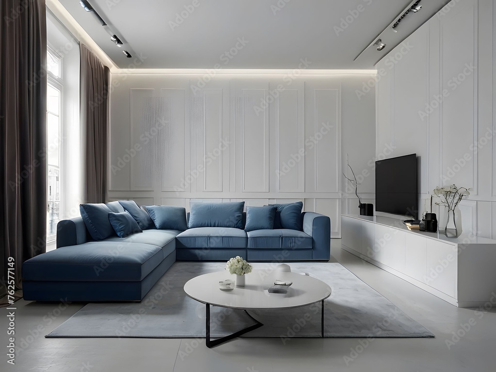 Fototapeta premium White minimal living room, everything in the room is white, white walls, flushed white doors, white ceiling, highlighting the scene with blue minimal sofa, white interior lighting, ai generated
