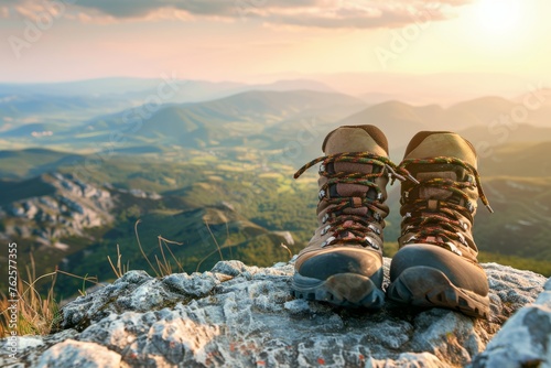 View from mountains - Hiking hiker traveler landscape adventure nature sport background panorama, Close up of feet with hiking shoes from a young woman