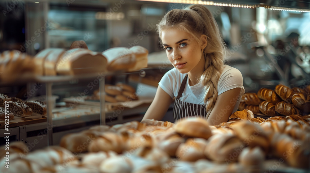 A blonde woman works in a bakery, wearing a short-sleeved blouse and apron, focused and professional.