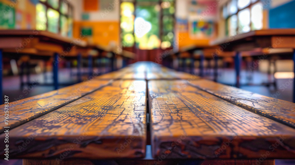 Traditional School Classroom: Empty Desks and Chairs Facing a Blackboard, Ready for Knowledge and Learning Traditional School Classroom: Empty Desks and Chairs Facing a Blackboard, Ready for Knowledge and Learning