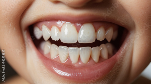 Close up on teeth of the smile of a teenage girl with healthy white teeth. Children's dentistry concept.
