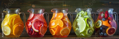 A vibrant rainbow of tropical fruit slices arranged in a glass pitcher, ready to be blended into a refreshing smoothie.