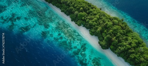 Tranquil aerial view of maldives island beach with palm trees on white sandy shoreline