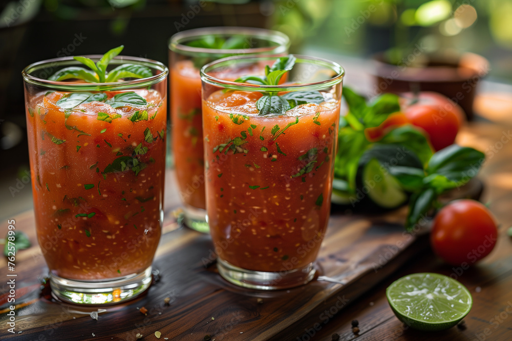 Homemade Gazpacho in glasses. Close-up Homemade Gazpacho in glasses. Close-up