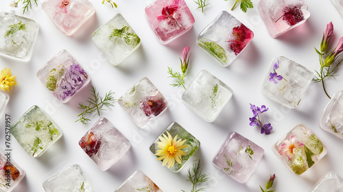 an ice cube inside a flower on a white background