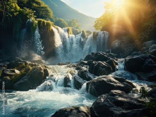 Waterfall is flowing down rocky river. Water is clear and rocks are large. Sun is shining brightly, creating beautiful and serene atmosphere