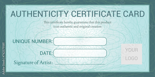 Authenticity certificate card with guilloche background