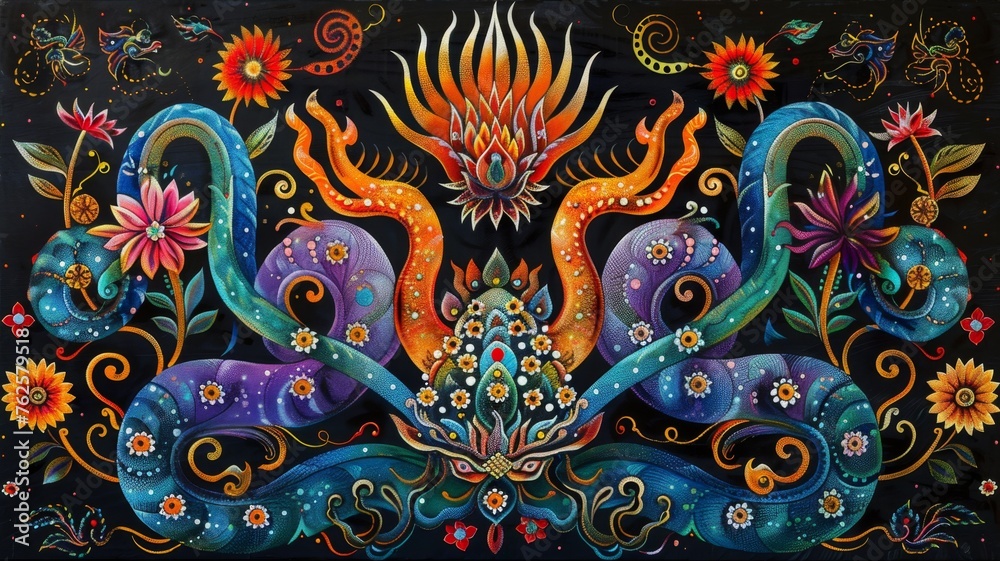 Thai healing art, painting, joy, Thai colors, Thai culture, black background, symbols of healing. Thai healing art, painting, joy, Thai colors, Thai culture, black background, symbols of healing.