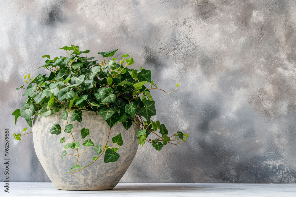 ivy plant in a stone pot on a granite background , free space for text ivy plant in a stone pot on a granite background , free space for text