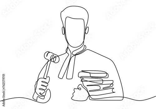 Single one line drawing law set concept. judge bring hammer and book