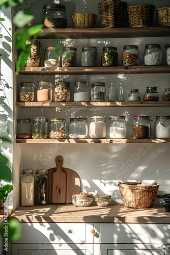 A kitchen filled with various plantfilled jars on the hardwood shelves, complementing the wood and metal tableware and serveware