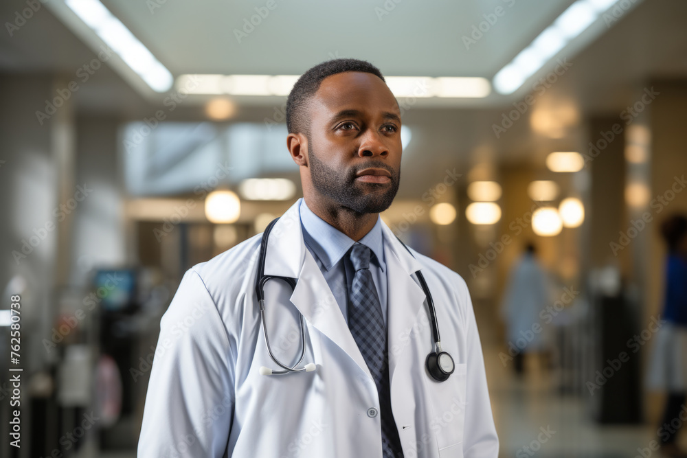 Man in white coat and blue tie stands in hospital hallway. He is looking at camera with serious expression Man in white coat and blue tie stands in hospital hallway. He is looking at camera with serious expression