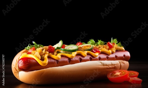 Delicious hotdog on black background. Copy space