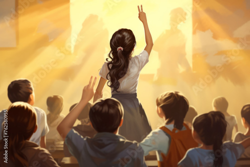 Girl is standing in front of group of children, pointing to sky. Children are all looking up at her