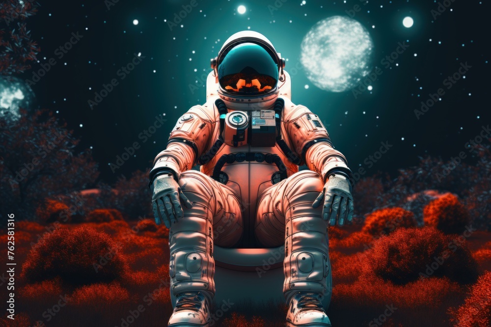 Intrepid Space astronaut sitting. Universe man suit. Generate Ai Intrepid Space astronaut sitting. Universe man suit. Generate Ai