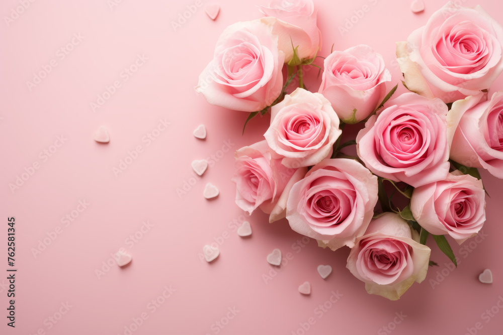 Bouquet of pink roses is arranged in heart shape on pink background. Roses are main focus of image, and heart shape adds romantic and sentimental touch to scene Bouquet of pink roses is arranged in heart shape on pink background. Roses are main focus of image, and heart shape adds romantic and sentimental touch to scene