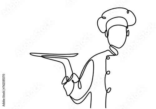 continuous line drawing of chef waiter pose standing bringing tray