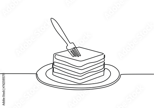 one line drawing of cheesecake with fork. Hand drawn piece of cake