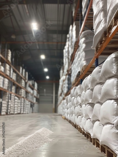 Warehouse with lot of white bags stacked on top of each other © vefimov