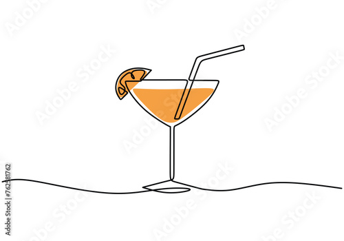 Wineglass with cocktail and lemon in one continuous line drawing style