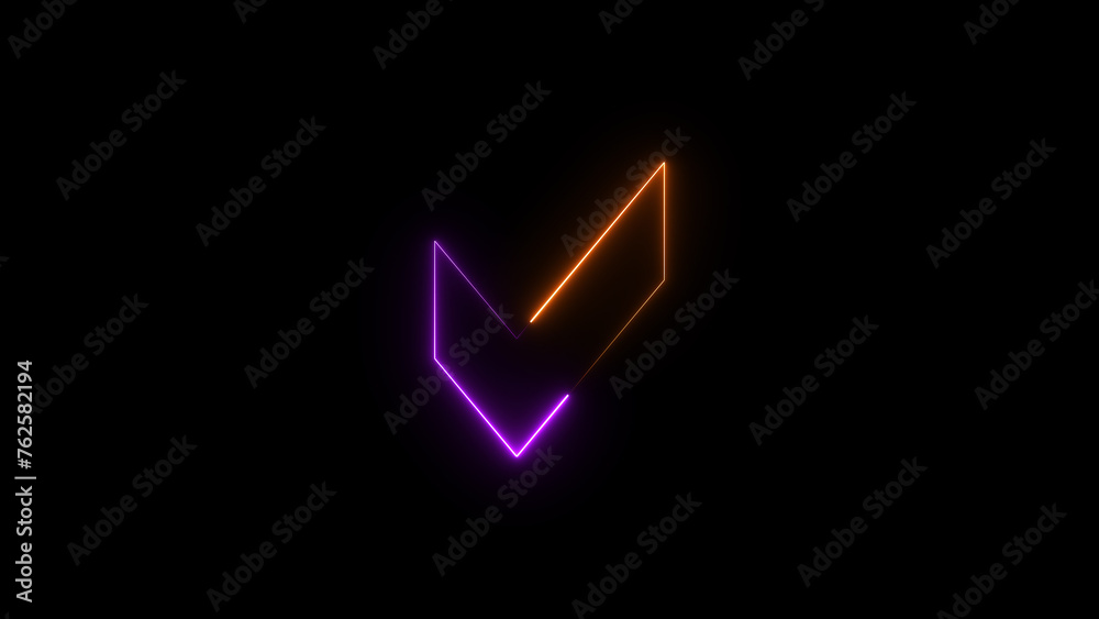 Glowing neon light check mark symbol illustration on black background.