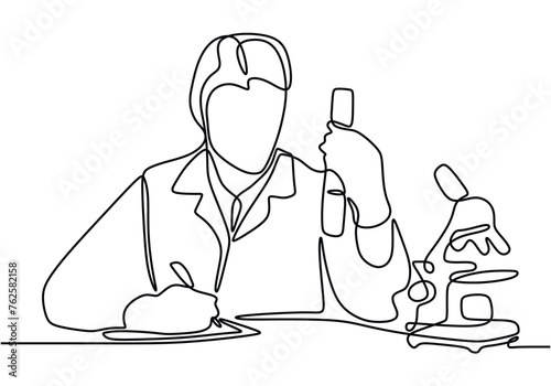One continuous line drawing of scientist check sample using microscope
