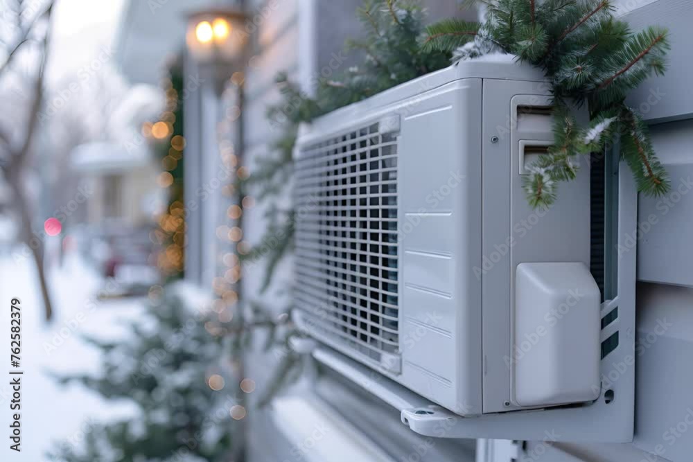 An outdoor air conditioning unit mounted on a house's exterior, adorned with festive pine branches and illuminated by soft holiday lights in a snowy setting. An outdoor air conditioning unit mounted on a house's exterior, adorned with festive pine branches and illuminated by soft holiday lights in a snowy setting.
