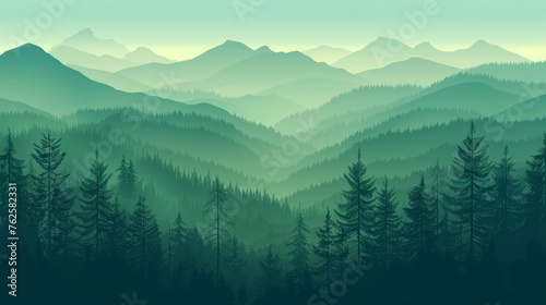Illustration of dark green silhouette of valley view of forest fir trees and mountains peak. © ryanbagoez