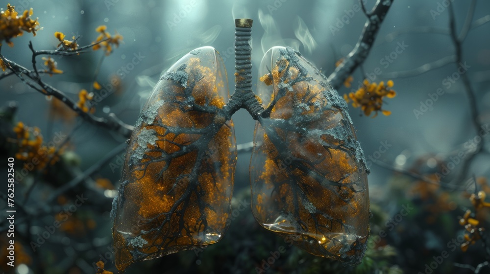 Unhealthy, sick lungs with poor air quality. Human lungs and bronchial cells in smoke - obrazy, fototapety, plakaty 