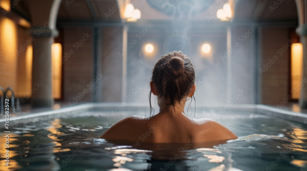 Beautiful young woman relaxing in the indoor thermal bath Beautiful young woman relaxing in the indoor thermal bath