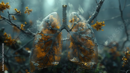 Unhealthy, sick lungs with poor air quality. Human lungs and bronchial cells in smoke photo