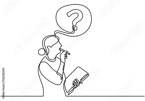 Continuous line girl standing holding pen and book find ideas.