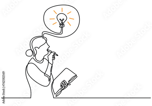 Continuous line girl standing holding pen and book find ideas. One line drawing creative think.