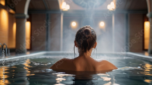 Beautiful young woman relaxing in the indoor thermal bath